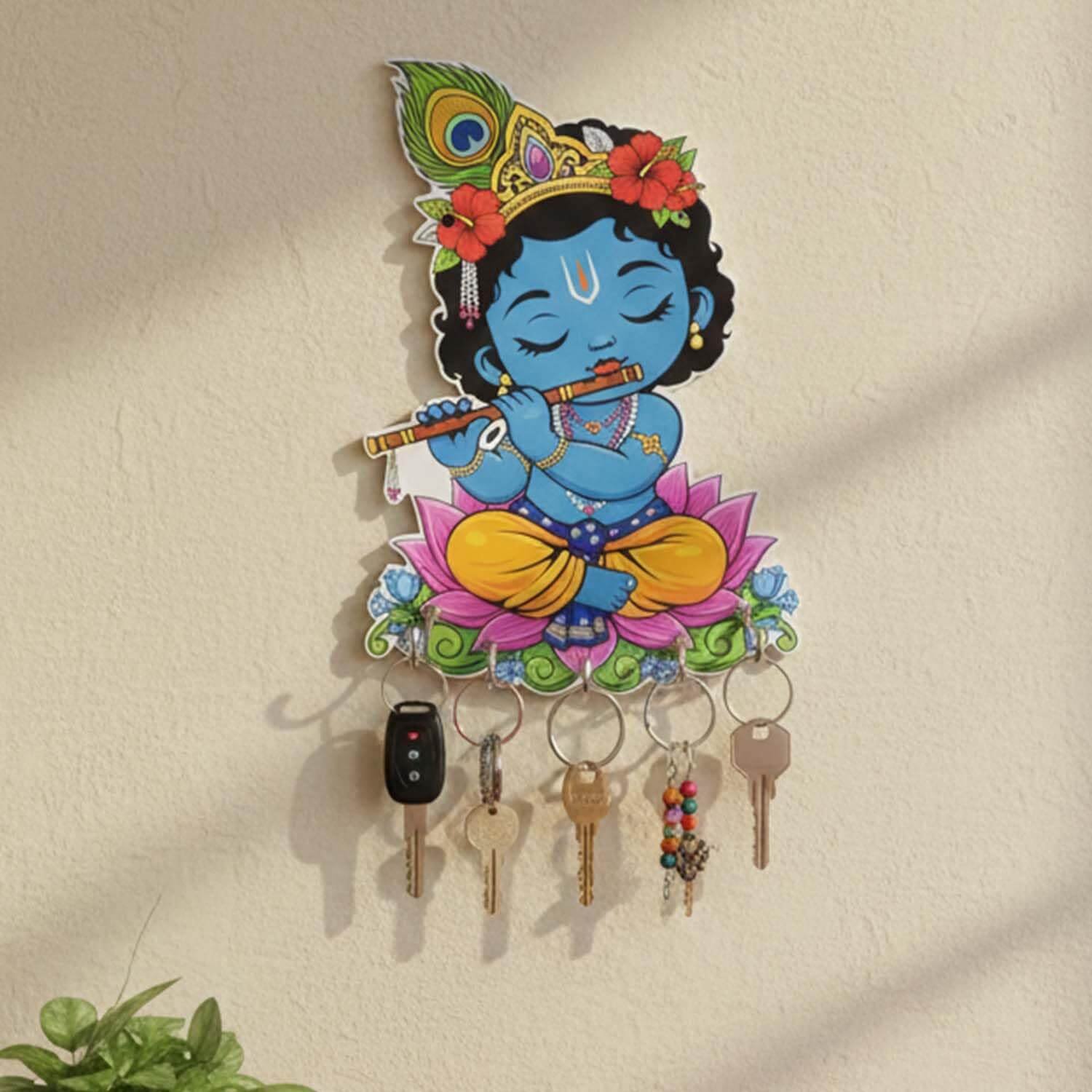 ascension Baby Krishna Wall Key Holder for Home Entrance Key Hanger Wall Mounted Decoration Handicraft Wooden Krishna Key Organizer with 5 Hooks Decorative Items for Home Décor Entryway Key Rack - Image 3