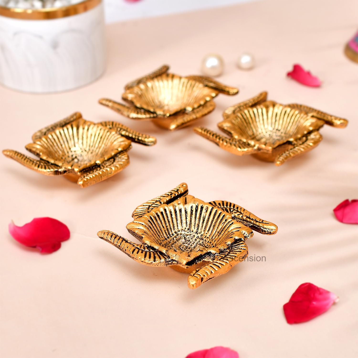 Ascension Handicraft Metal Swastik Shape Diya Oil Lamp Metal Diya for Home and Office Temple Decoration Antique Golden Finish Table Diya (Pack of 2) - Image 4