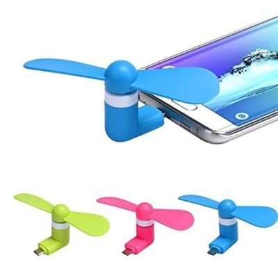 Ascension portable mini phone fan plugged into a smartphone showing blue, pink, and green color options.