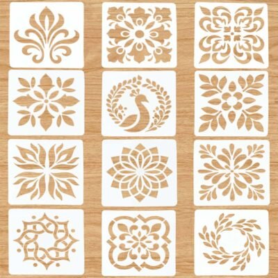 Mandala Painting Stencil Set of 12 square 4-inch templates displaying floral, tile, and peacock designs on a light wood background.