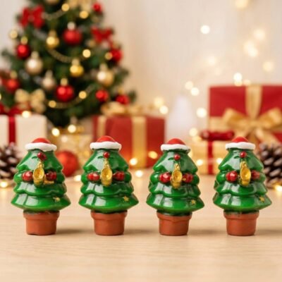 Four miniature Christmas tree figurines wearing Santa hats and holding gold saxophones standing in a row on a wooden table.