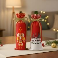 Two festive wine bottle covers featuring a classic nutcracker and three winter gnomes tied with gold ribbons sitting on a holiday table.