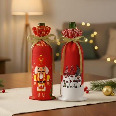 Two festive wine bottle covers featuring a classic nutcracker and three winter gnomes tied with gold ribbons sitting on a holiday table.