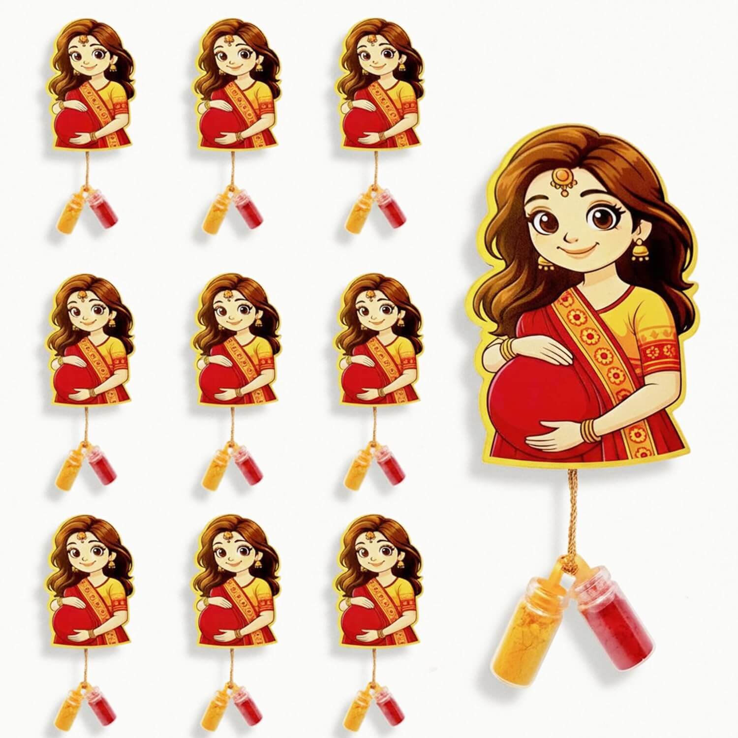 Godh Bharai Return Gifts Set of 20 featuring illustrated pregnant woman cutouts attached with small Haldi and Kumkum glass bottles.
