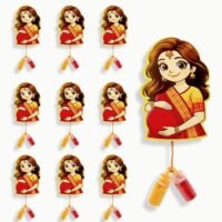 Godh Bharai Return Gifts set of 30 featuring cartoon pregnant woman cutouts with miniature Haldi and Kumkum bottles attached below.