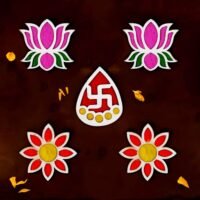 Traditional wooden Rangoli stencil set with pink lotus flowers, red floral motifs, and a central auspicious Swastik footprint emblem on a brown background.