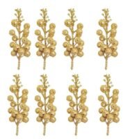Eight gold glitter berry stems arranged in two rows of four against a solid white background