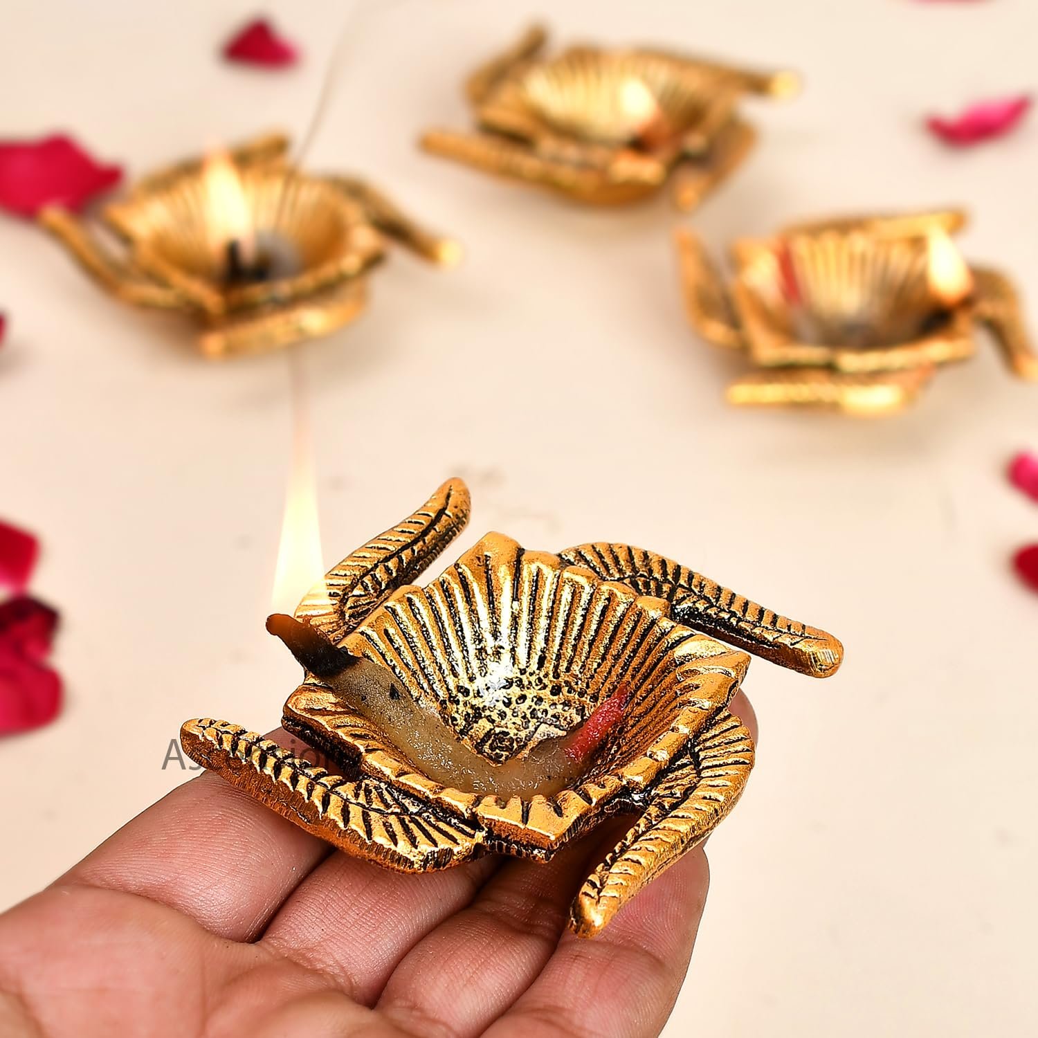 Ascension Handicraft Metal Swastik Shape Diya Oil Lamp Metal Diya for Home and Office Temple Decoration Antique Golden Finish Table Diya (Pack of 2) - Image 5