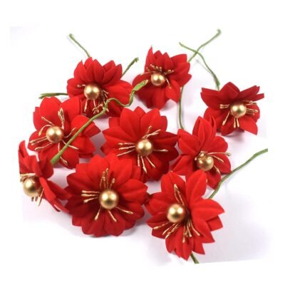 A cluster of red artificial Christmas flowers featuring gold bead centers and thin green wire stems on a white background.