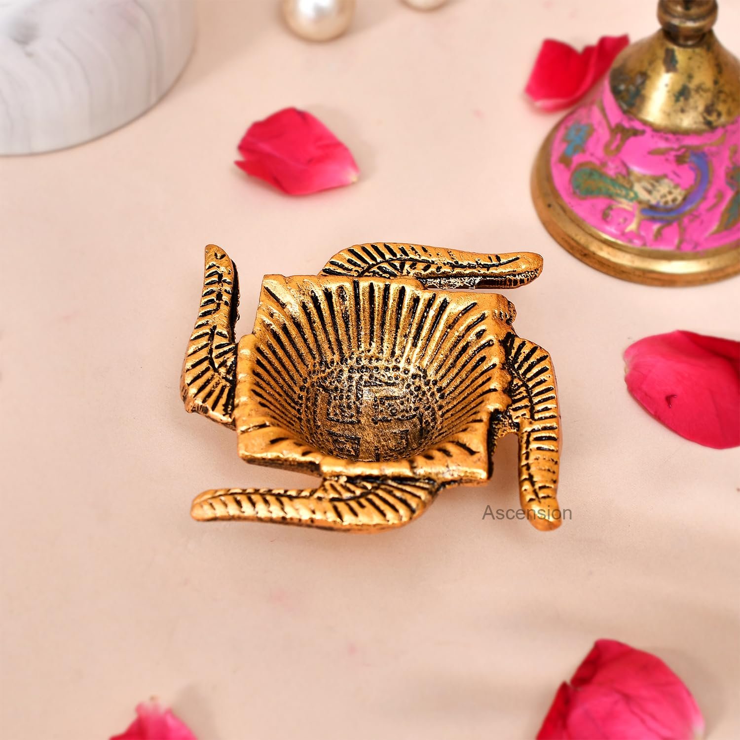 Ascension Handicraft Metal Swastik Shape Diya Oil Lamp Metal Diya for Home and Office Temple Decoration Antique Golden Finish Table Diya (Pack of 2) - Image 2