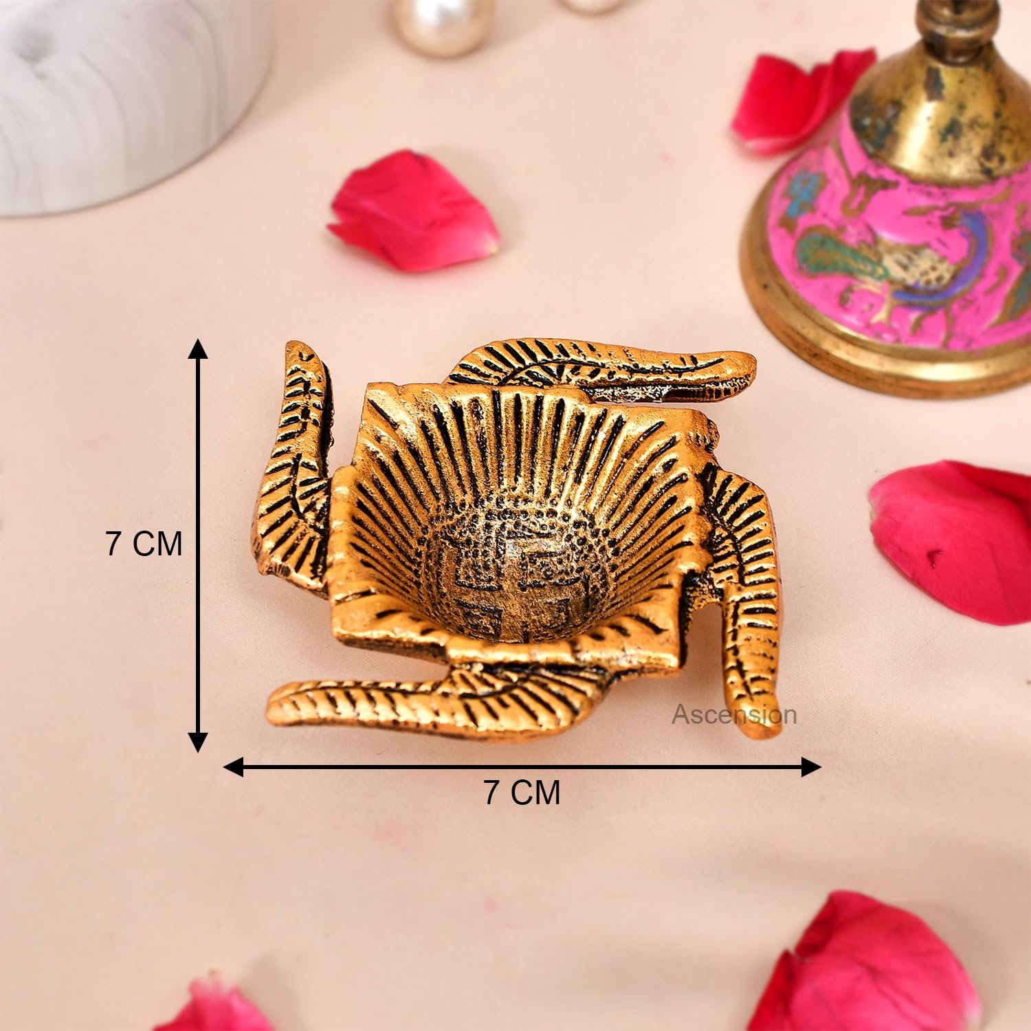 Ascension Handicraft Metal Swastik Shape Diya Oil Lamp Metal Diya for Home and Office Temple Decoration Antique Golden Finish Table Diya (Pack of 2) - Image 3