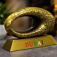 Metallic gold Dubai Museum of the Future replica with Arabic calligraphy on a brick base with UAE flag colored DUBAI text