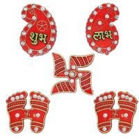 Ascension Shubh Labh sticker set featuring red acrylic Swastik, Shubh Labh, and Laxmi Charan stickers with rhinestones.