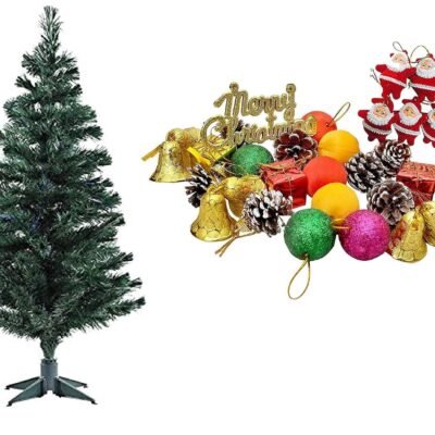 Ascension artificial Christmas tree set with a large collection of ornaments including Santas, bells, and baubles.
