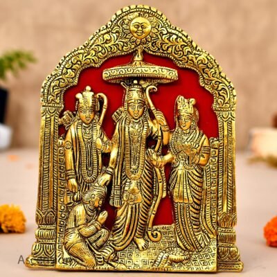 Golden brass Ram Darbar frame featuring Ram Sita Laxman and Hanuman against red velvet