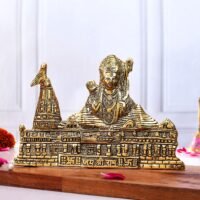 Golden brass Ayodhya Ram Mandir model with Lord Ram idol and Jai Shree Ram inscription on wooden slab