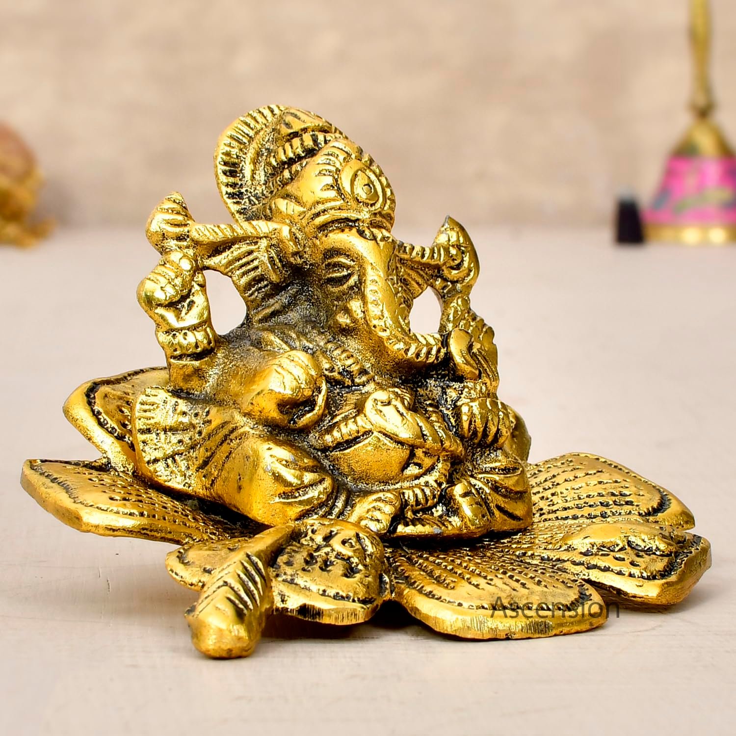 ascension Metal Lord Ganesh Sitting On Flower Hindu God Ganesh Ganpati Lord Sitting Ganesh Ji for Home Decor Office Pooja Room Car Dashboard Small Ganesh Murti Decorative Showpiece & Gifts - Image 2