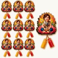 Murugan Haldi Kumkum Favors set of 10 featuring Little Lord Murugan cutouts with attached miniature Haldi and Kumkum bottles on a light background.