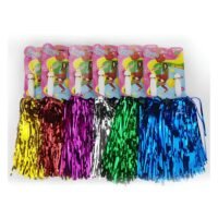 A row of colorful metallic cheerleader pom poms in retail packaging featuring gold, red, purple, silver, green, and blue foil streamers.