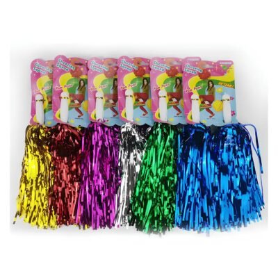 A row of colorful metallic cheerleader pom poms in retail packaging featuring gold, red, purple, silver, green, and blue foil streamers.