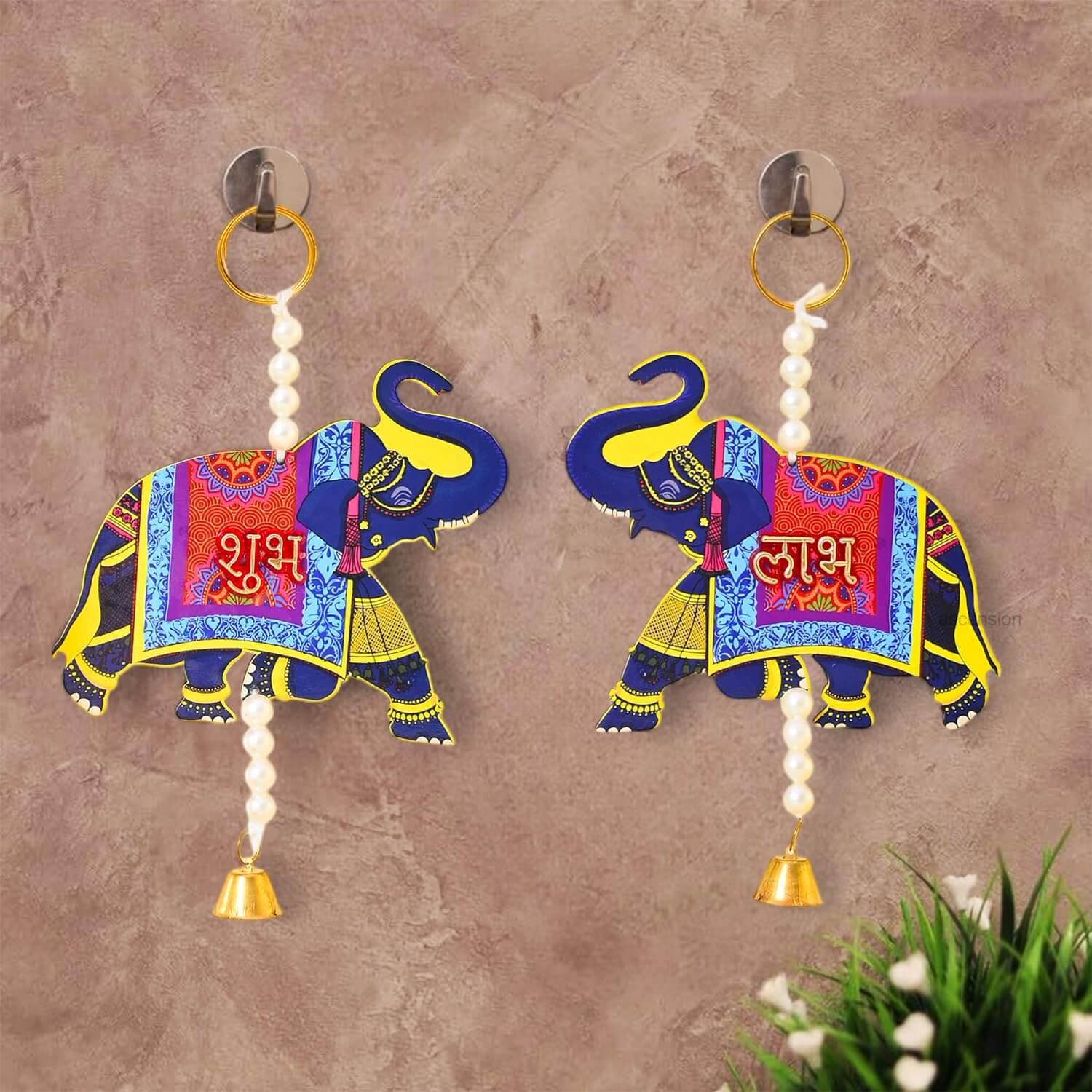 Ascension Elephant Shubh Labh Hanging set featuring royal blue wooden elephants with pearl beads and golden bells on wall hooks.