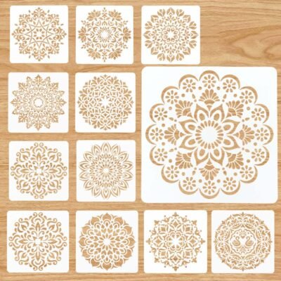 Circular Mandala Stencil Set of 12 square 4-inch templates displaying detailed circular mandala designs and swan motifs on a wooden background.