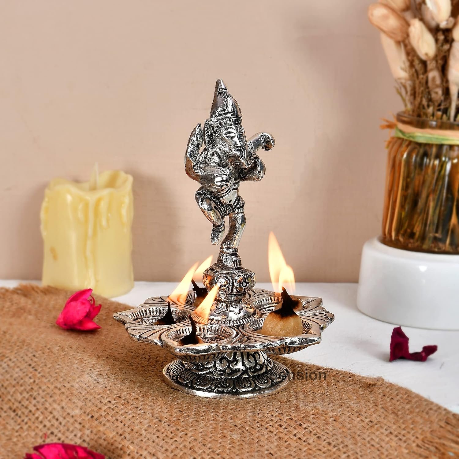 ascension Metal Dancing Ganesh Diya with 5 Wick Holder with Stand for Pooja Room Diwali Home Decor Antique Lord Ganesha Diya for Temple Oil Lamp Showpiece (Silver) - Image 4