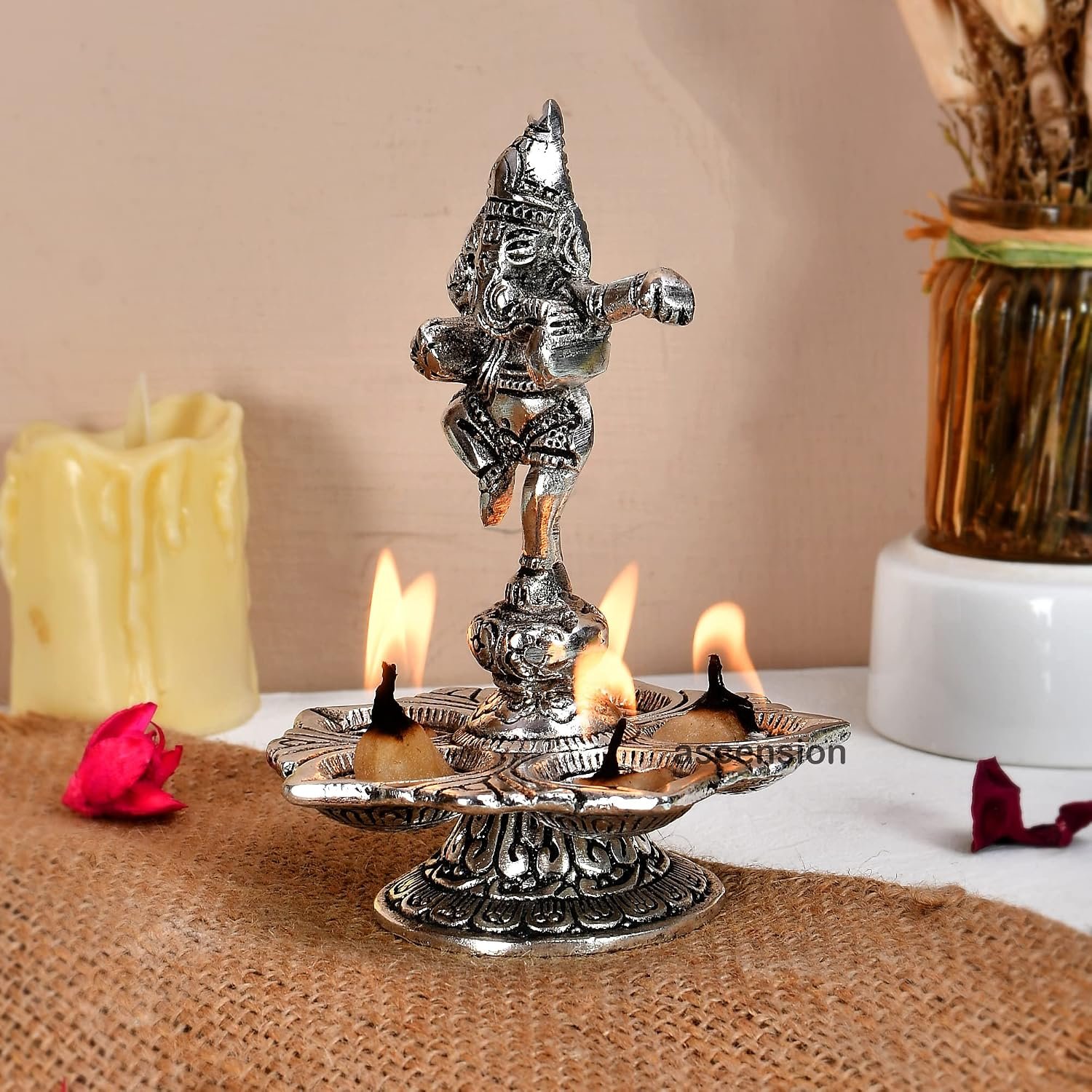 ascension Metal Dancing Ganesh Diya with 5 Wick Holder with Stand for Pooja Room Diwali Home Decor Antique Lord Ganesha Diya for Temple Oil Lamp Showpiece (Silver) - Image 3