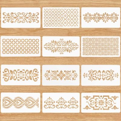 Border Stencil Set of 12 rectangular templates displaying decorative borders, lattice grids, and scrollwork on a light wood background.
