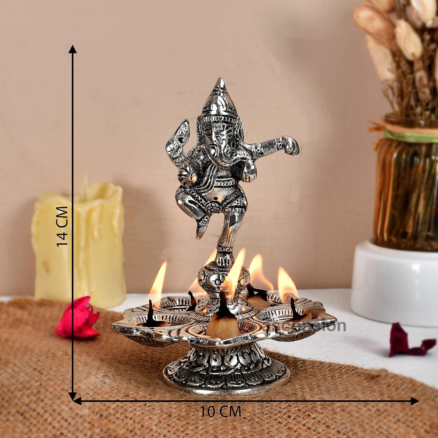 ascension Metal Dancing Ganesh Diya with 5 Wick Holder with Stand for Pooja Room Diwali Home Decor Antique Lord Ganesha Diya for Temple Oil Lamp Showpiece (Silver) - Image 2