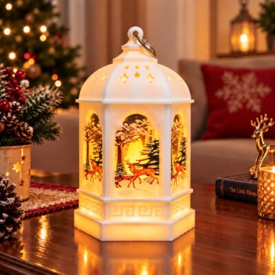 Decorative white Christmas lantern with glowing LED light featuring a winter deer and forest scene on a wooden table.