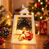 Illuminated white decorative Christmas lantern featuring Santa Claus on a reindeer sleigh with warm lights.