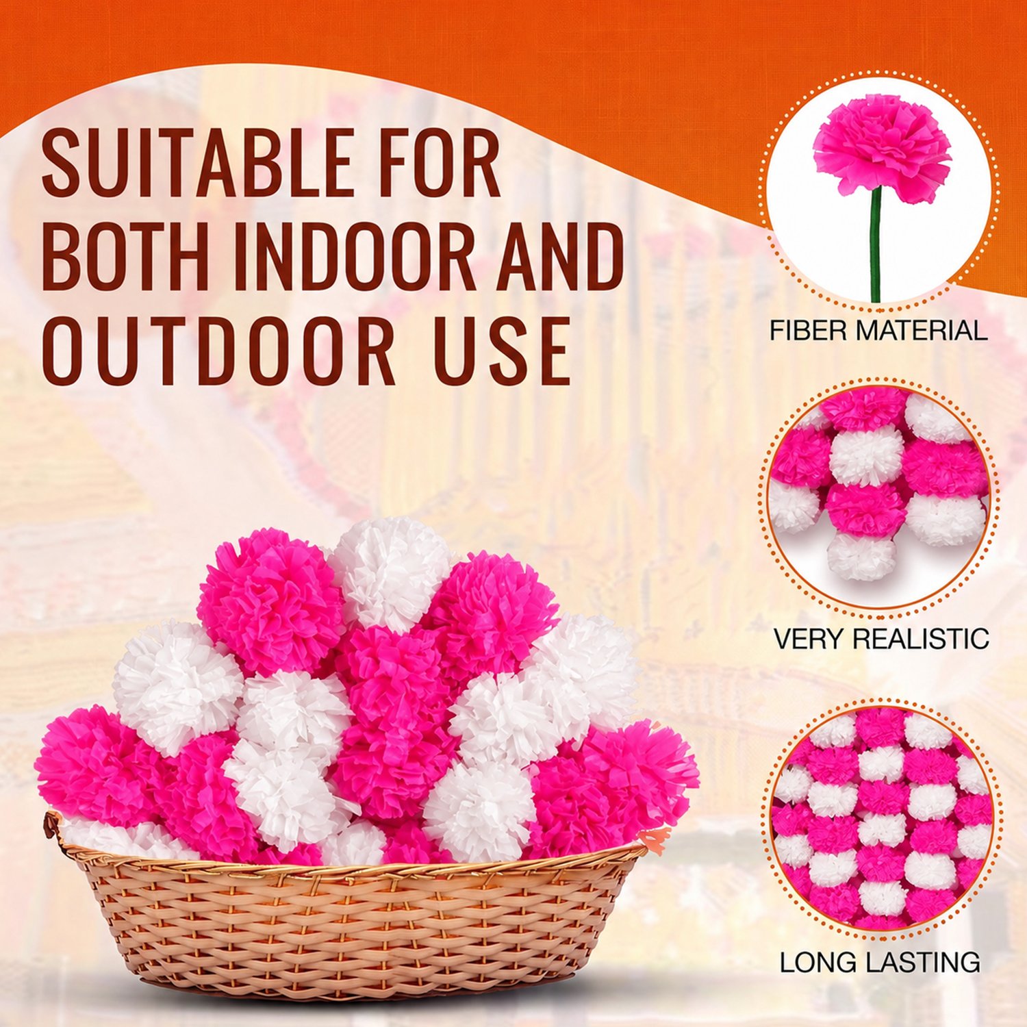 Ascension 5 Pcs Handmade Artificial Marigold Flowers Garland for Diwali, Pooja, Wedding, Festive Home Decor, Toran, Garland & Floral Decoration (Pink+White Color) Decoration Long for Door - Image 4