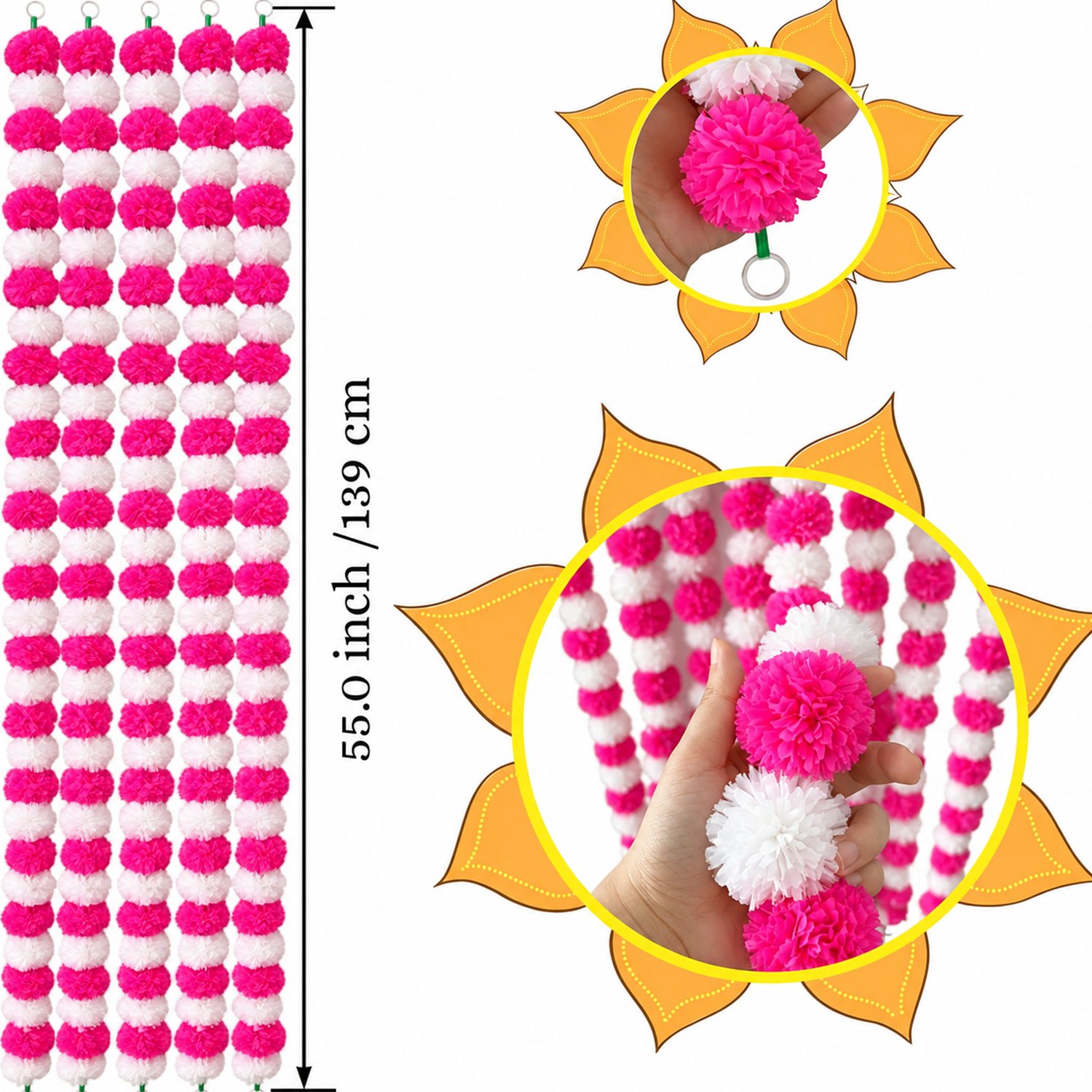 Ascension 5 Pcs Handmade Artificial Marigold Flowers Garland for Diwali, Pooja, Wedding, Festive Home Decor, Toran, Garland & Floral Decoration (Pink+White Color) Decoration Long for Door - Image 5