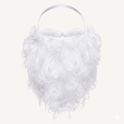A fluffy white faux fur fake Santa beard with an elastic headband isolated on a white background.