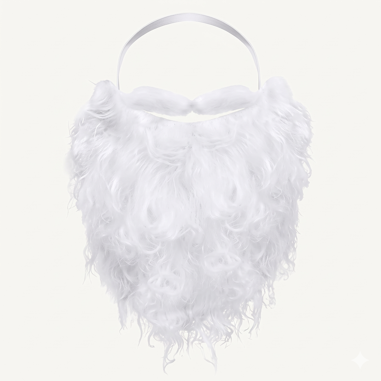 A fluffy white faux fur fake Santa beard with an elastic headband isolated on a white background.