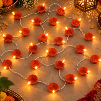 Terracotta diya LED string lights illuminated on floor for Diwali decor