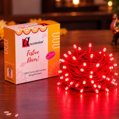 Ascension red festive string lights with product packaging box on wooden table