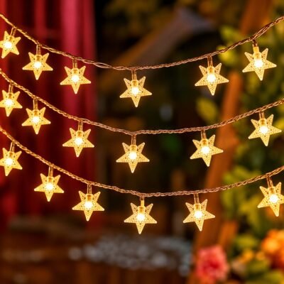 Ascension Warm White Star String Lights hanging in multiple strands outdoors
