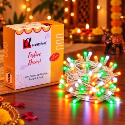 Ascension Multicolor Festive String Lights coiled next to packaging box on wooden surface