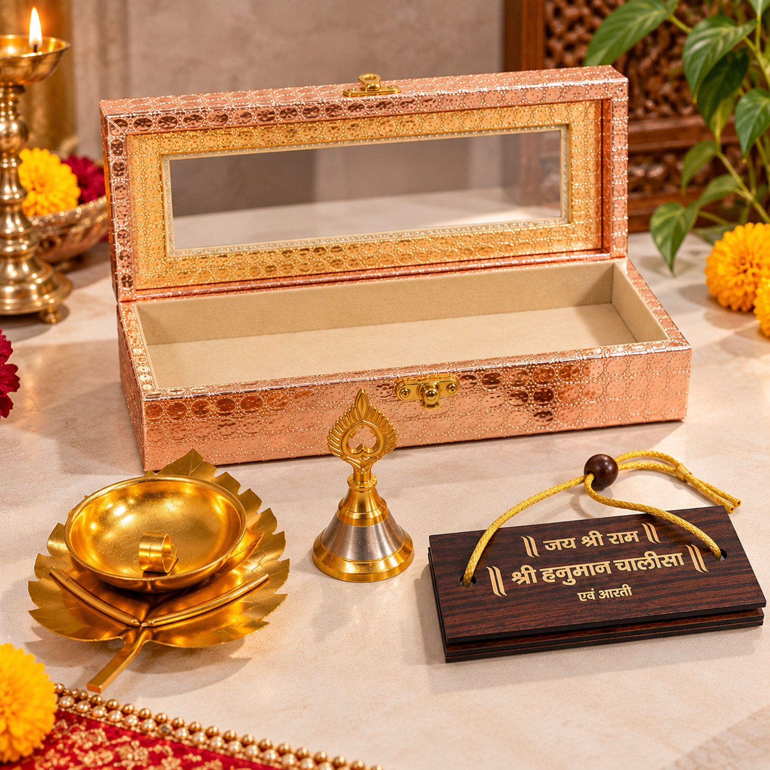 Luxurious hanuman chalisa gift set with wooden book brass bell and leaf diya plate in a rose gold box