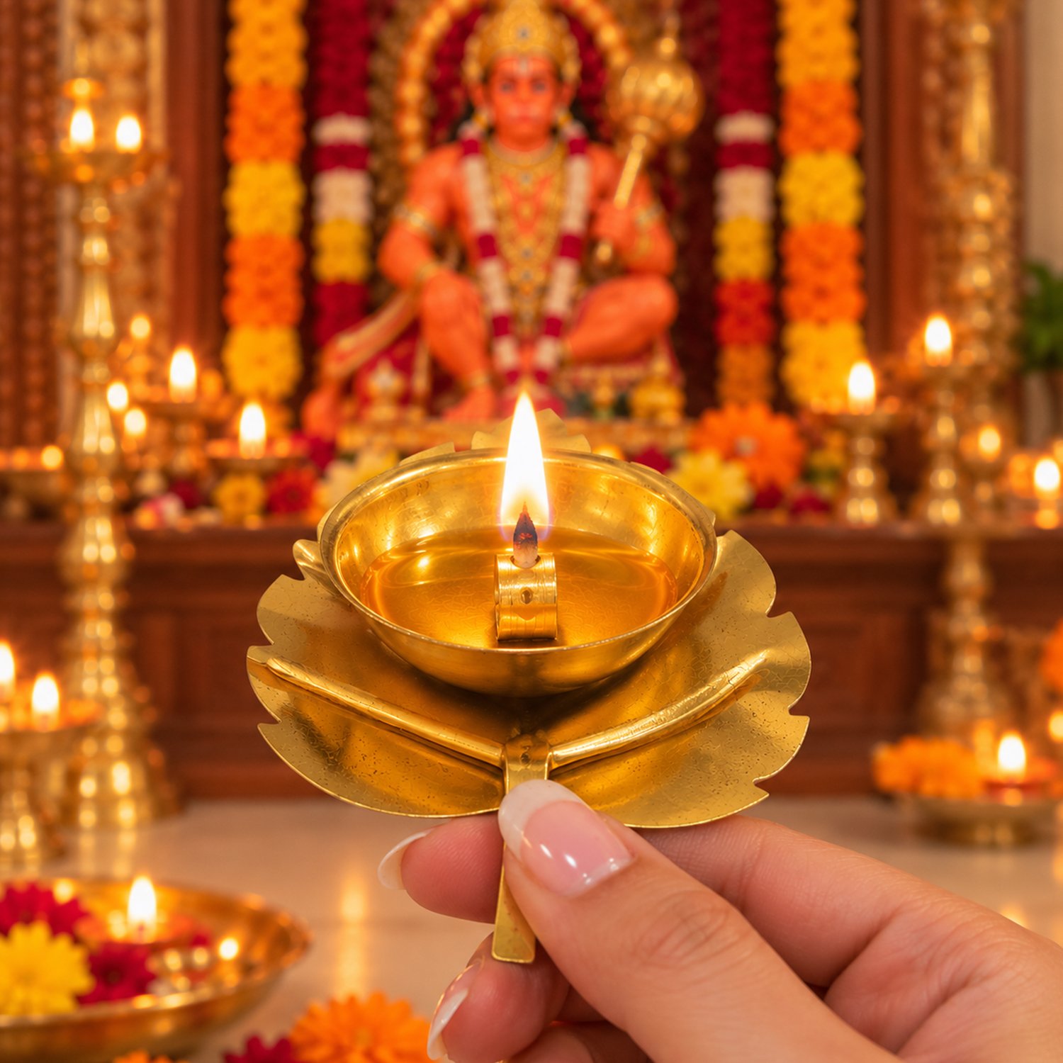 ascension Pooja Samagri Gift Box Wooden Hanuman Chalisa With Om Ghanti, Leaf Shape Diya & Wooden Gift Box for Diwali Home Temple Pooja Room, Navratri Deepawali & Home Decor Items - Image 2