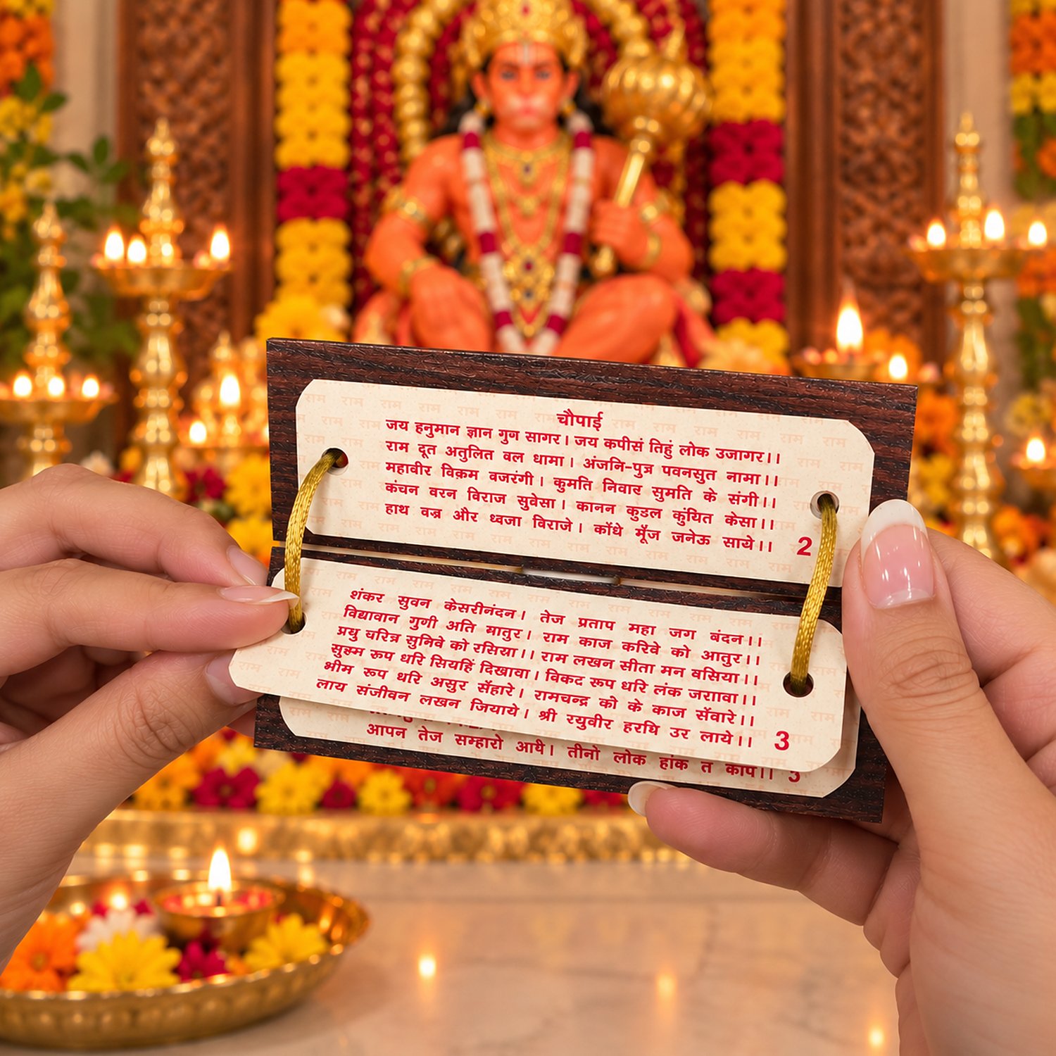 ascension Pooja Samagri Gift Box Wooden Hanuman Chalisa With Om Ghanti, Leaf Shape Diya & Wooden Gift Box for Diwali Home Temple Pooja Room, Navratri Deepawali & Home Decor Items - Image 3