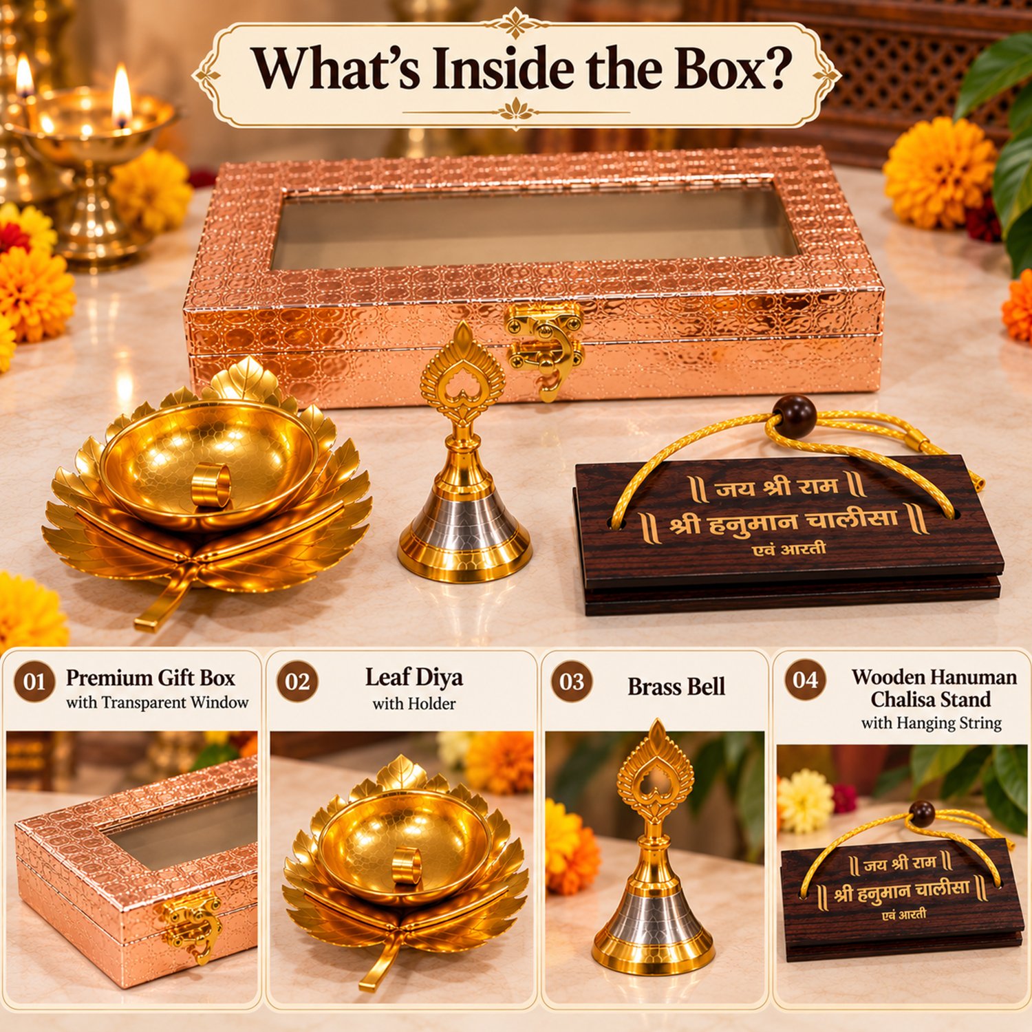 ascension Pooja Samagri Gift Box Wooden Hanuman Chalisa With Om Ghanti, Leaf Shape Diya & Wooden Gift Box for Diwali Home Temple Pooja Room, Navratri Deepawali & Home Decor Items - Image 5