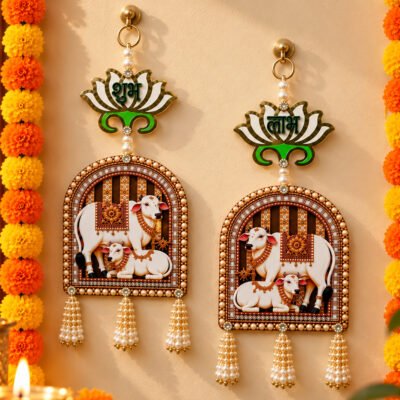 Welcome prosperity, positivity, and traditional elegance into your living space with our handcrafted Shubh Labh Kamdhenu Cow Door Hanging Set. Artisans crafted this hanging piece to elevate your home entrance, temple area, or festive setup by combining sacred symbolism with exquisite detail. At the top of each piece, a polished lotus motif displays the auspicious "Shubh" (Goodness) and "Labh" (Benefit) lettering to invite luck and wealth into your household. The centerpiece showcases detailed Kamdhenu cow and calf figures inside an arched frame lined with lustrous faux pearls. Beaded pearl tassels hang from the bottom to add graceful movement and classic charm. Built with durable materials, this versatile wall decor set shines during Diwali celebrations, housewarming ceremonies (Griha Pravesh), weddings, or everyday spiritual displays. Hang it on main doors, gallery walls, or pooja room entryways to instantly create a warm, inviting, and sacred atmosphere.