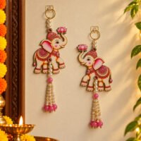 Elephant lotus wall hanging set of 2 with pearl bead tassels for festive home decor