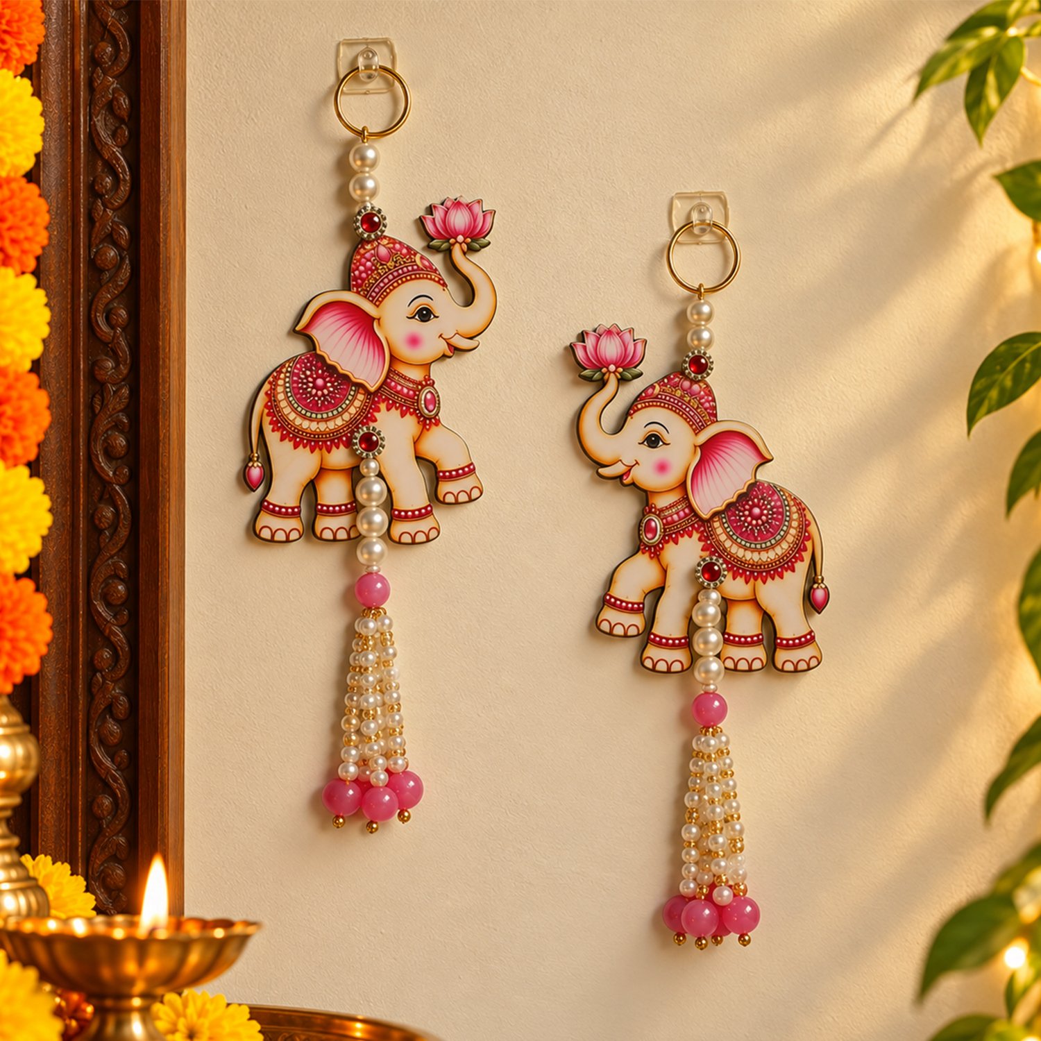 Elephant lotus wall hanging set of 2 with pearl bead tassels for festive home decor