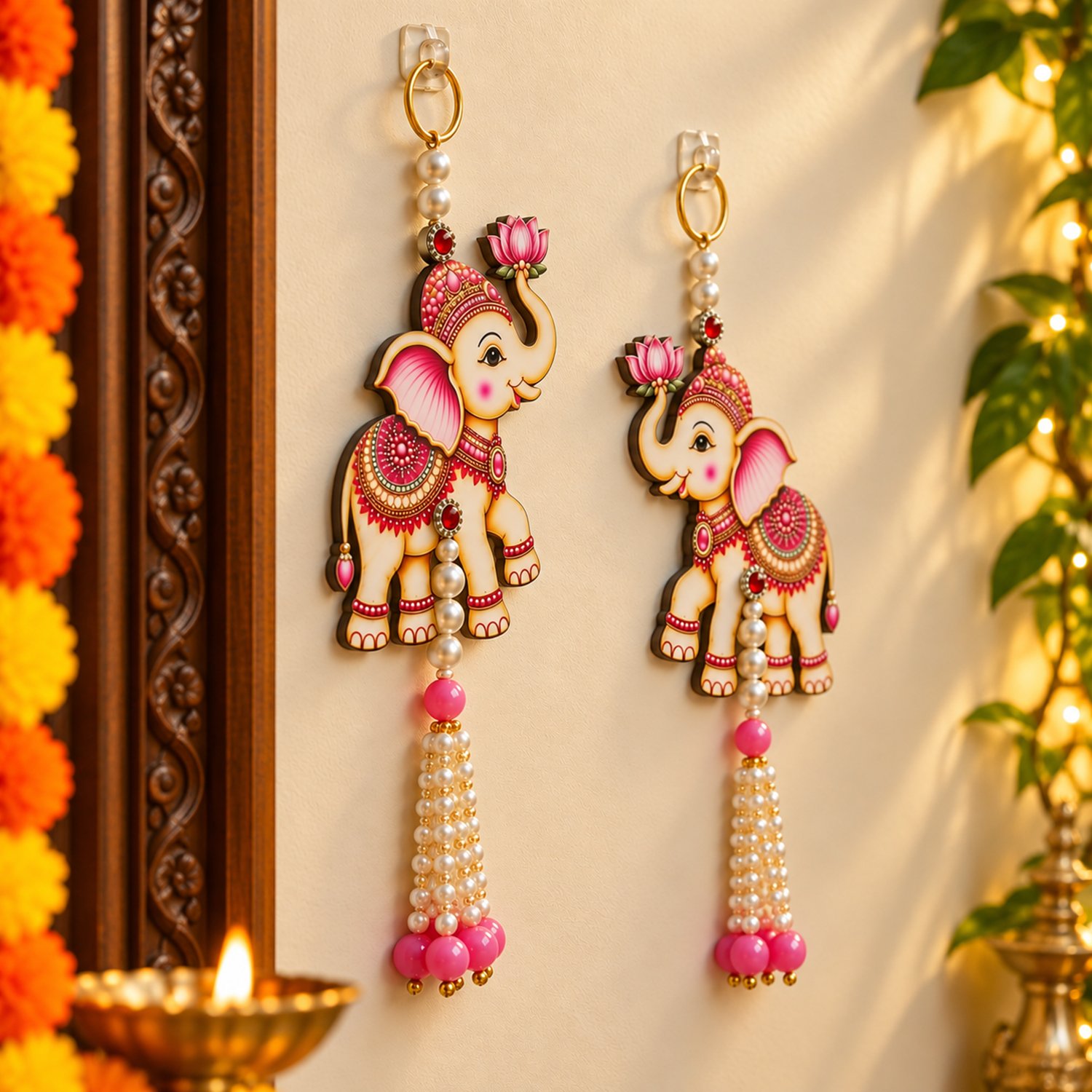 Ascension Pack of 2 Elephant Door Hanging Toran with Pearl Bead Tassels Pink Lotus Ganesha Elephant Wall Hangings for Home Decor for Main Door, Entrance, Pooja Room, Diwali & Festive Decoration - Image 2
