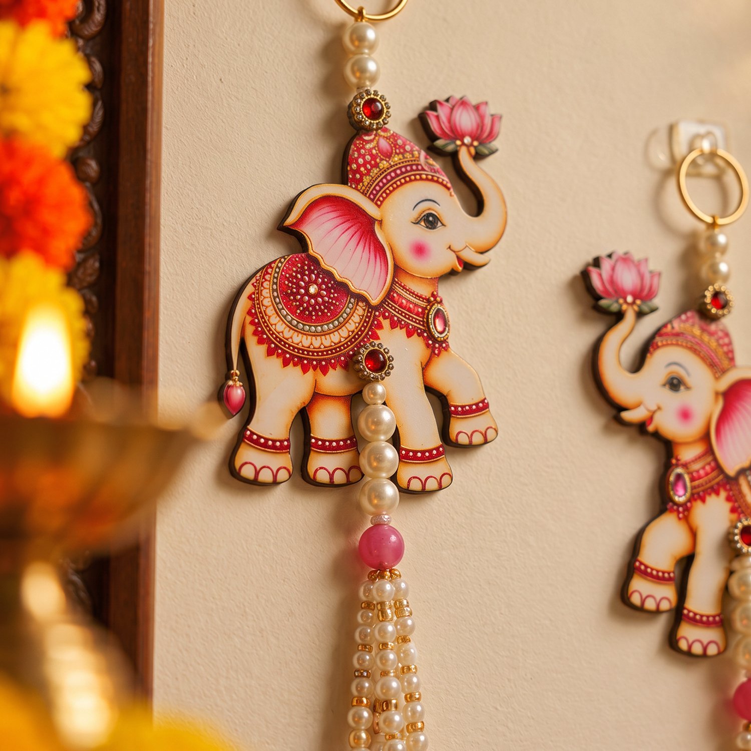 Ascension Pack of 2 Elephant Door Hanging Toran with Pearl Bead Tassels Pink Lotus Ganesha Elephant Wall Hangings for Home Decor for Main Door, Entrance, Pooja Room, Diwali & Festive Decoration - Image 3