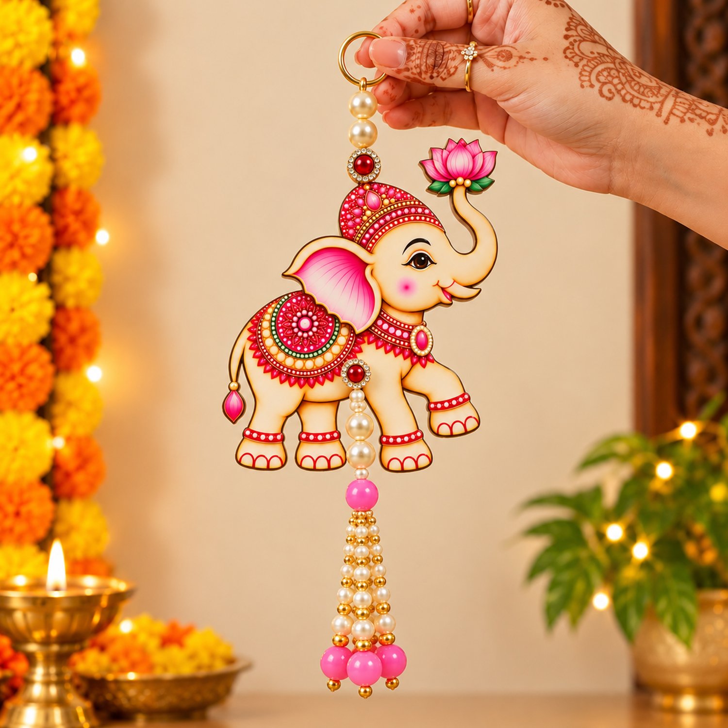 Ascension Pack of 2 Elephant Door Hanging Toran with Pearl Bead Tassels Pink Lotus Ganesha Elephant Wall Hangings for Home Decor for Main Door, Entrance, Pooja Room, Diwali & Festive Decoration - Image 4